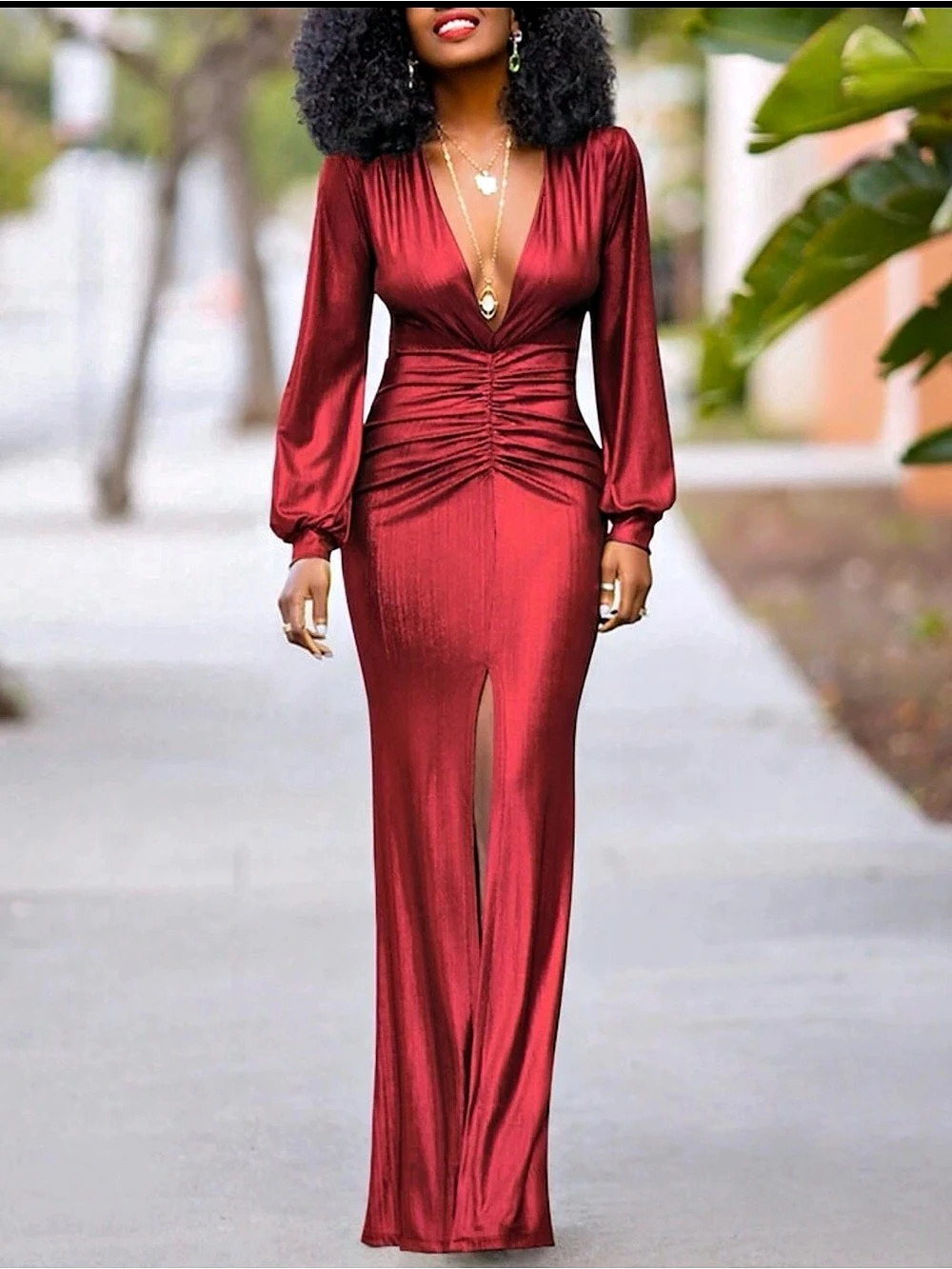 Ruched Long Sleeve Maxi Dress in Burgundy Like New -Metallic Red
